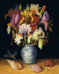 miniature au bouuet d iris dans un vase de porcelaine de chine et coquillages