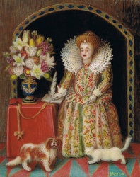 Portrait en pied d' une jeune femme habillée d' un vertugadin, avec petit chien et chat blanc