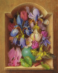Bouquet dans une niche, avec iris, cyclamen et passerau