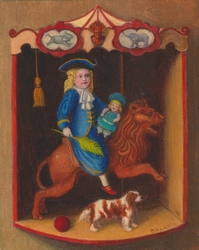 Portrait miniature enfant en costume 18 eme siecle sur un lion de manège