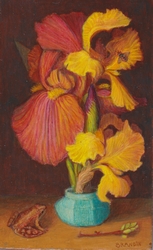 Bouquet d'iris et grenouille à la manière des peintres flamands