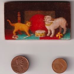 Chat et chien, art naf, peinture miniature