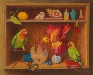 Nature morte en miniature avec matriel de d'artiste peintre, iris et perroquets