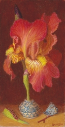 Peinture  l'huile de petit format representant une fleur d'iris, chenille et papillon